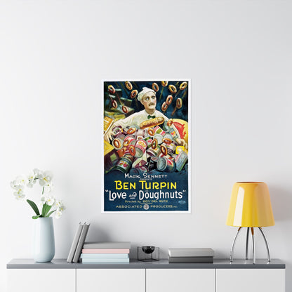 Vintage-style movie poster of Ben Turpin with doughnuts on a wall above a shelf with decor items.