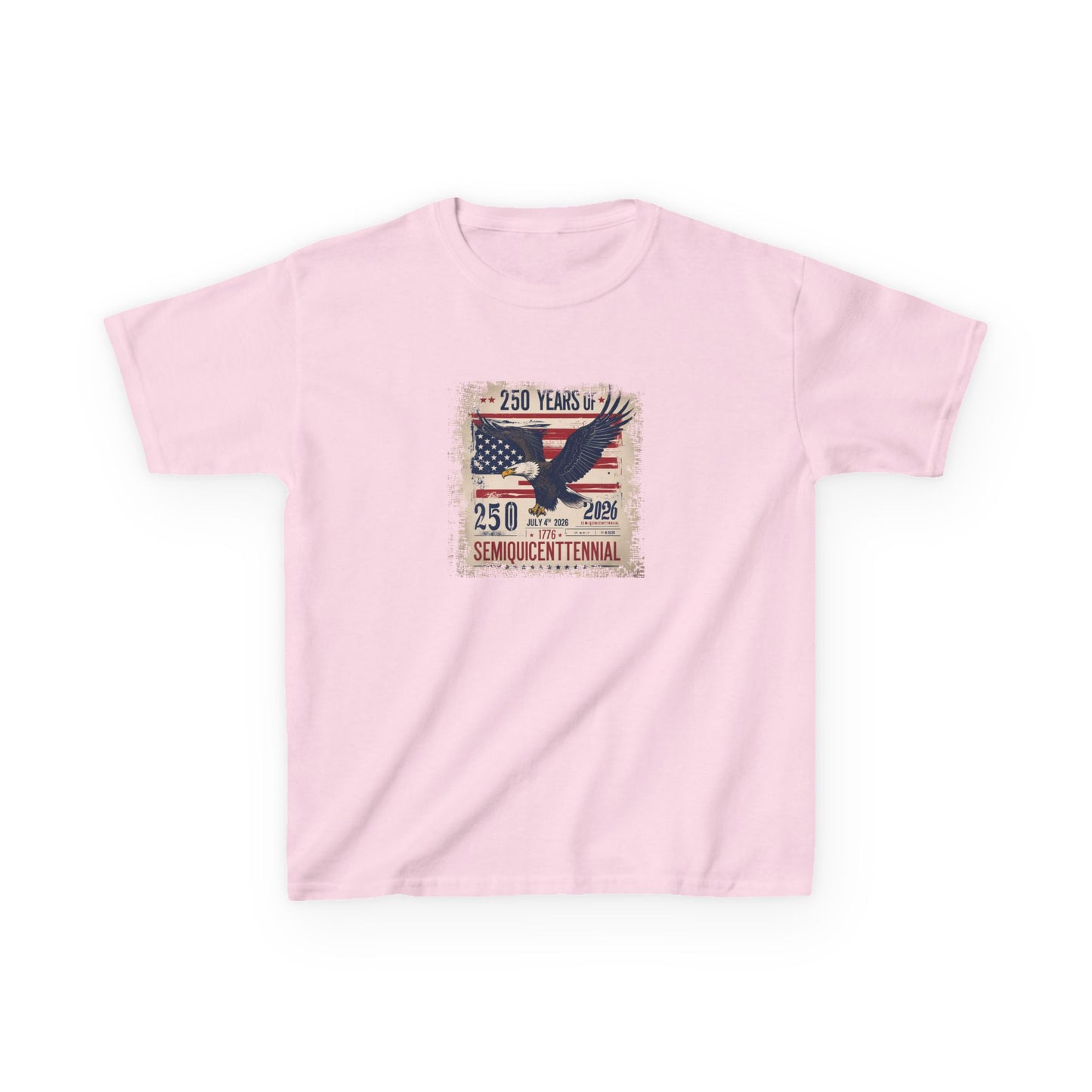 Pink t-shirt with a graphic design featuring an eagle and American flag on a white background
