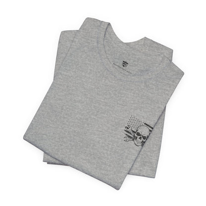 Folded gray t-shirt with a logo on a white background