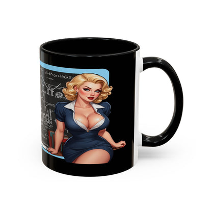 A black ceramic mug with a white interior, featuring a printed graphic of a blonde pin-up style woman in a navy dress against a chalkboard background.