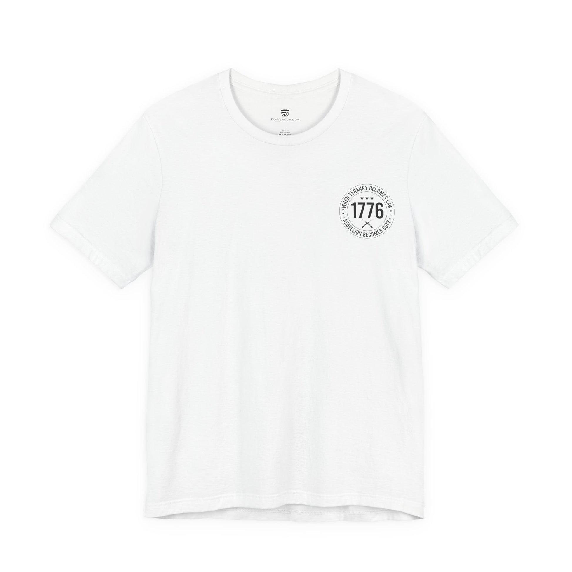 White t-shirt with a black logo on a white background