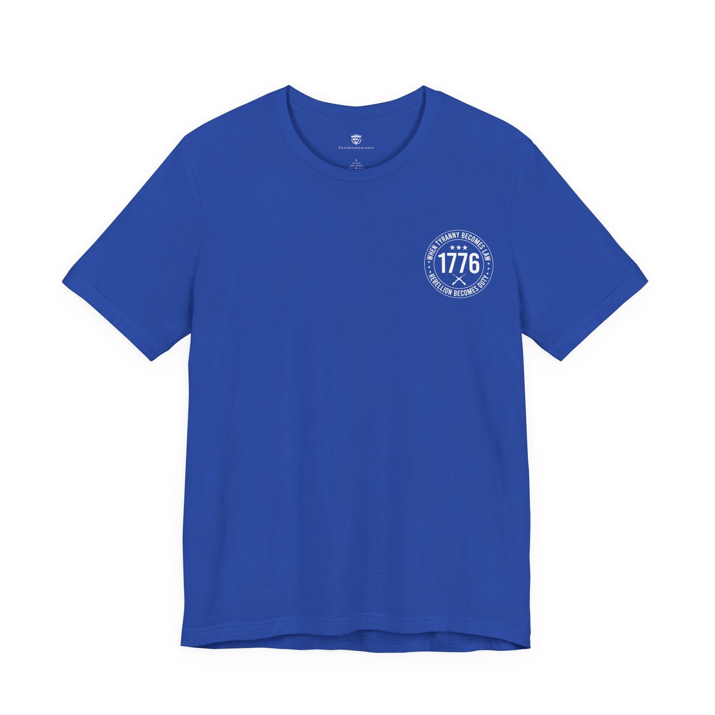 Blue t-shirt with a white logo on a white background