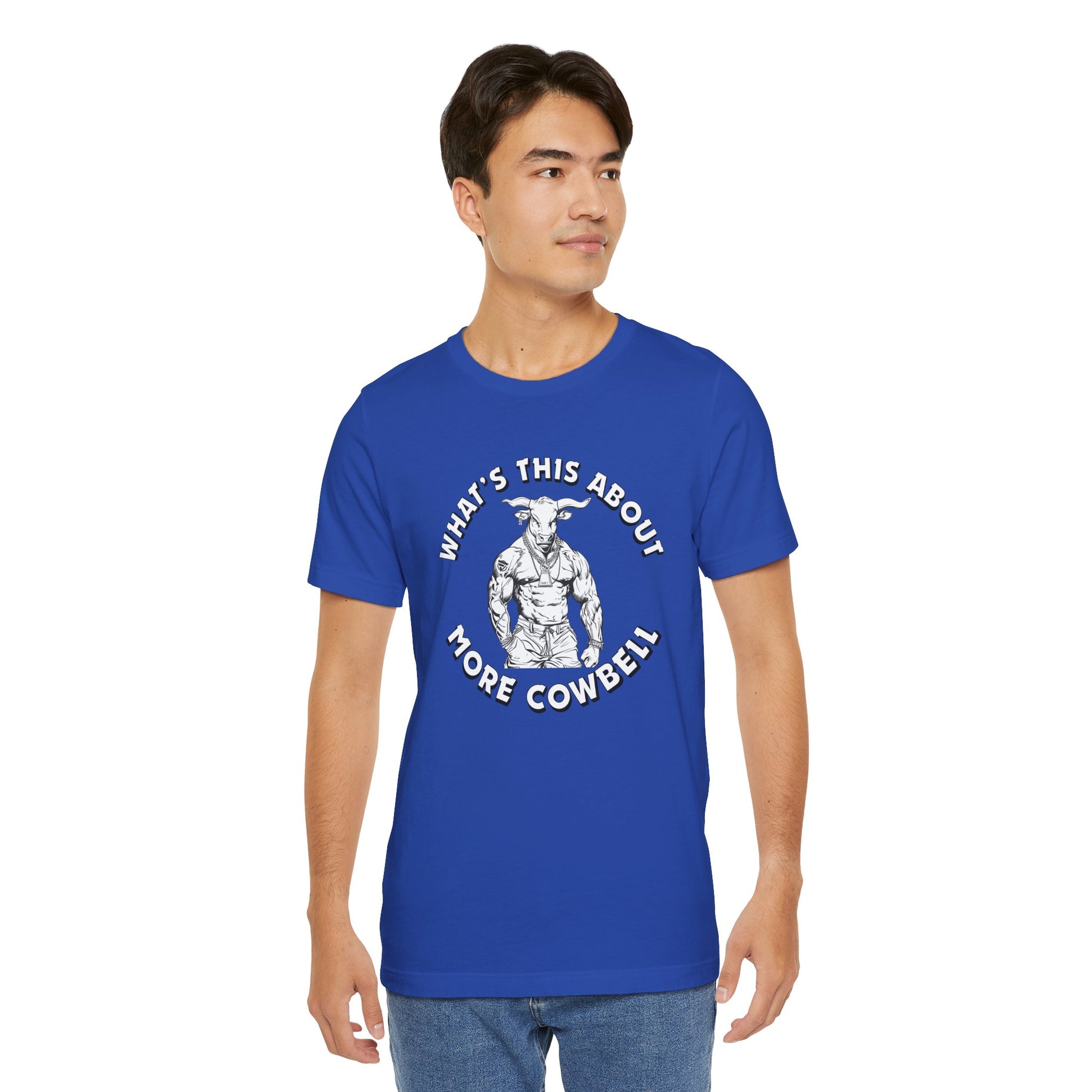 Man wearing a blue t-shirt with graphic design and text on a white background