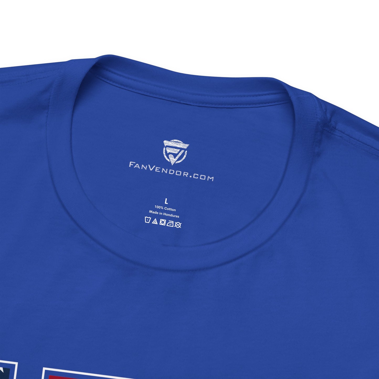 Close-up of a blue t-shirt with 'FanVendor.com' logo and text on the collar.