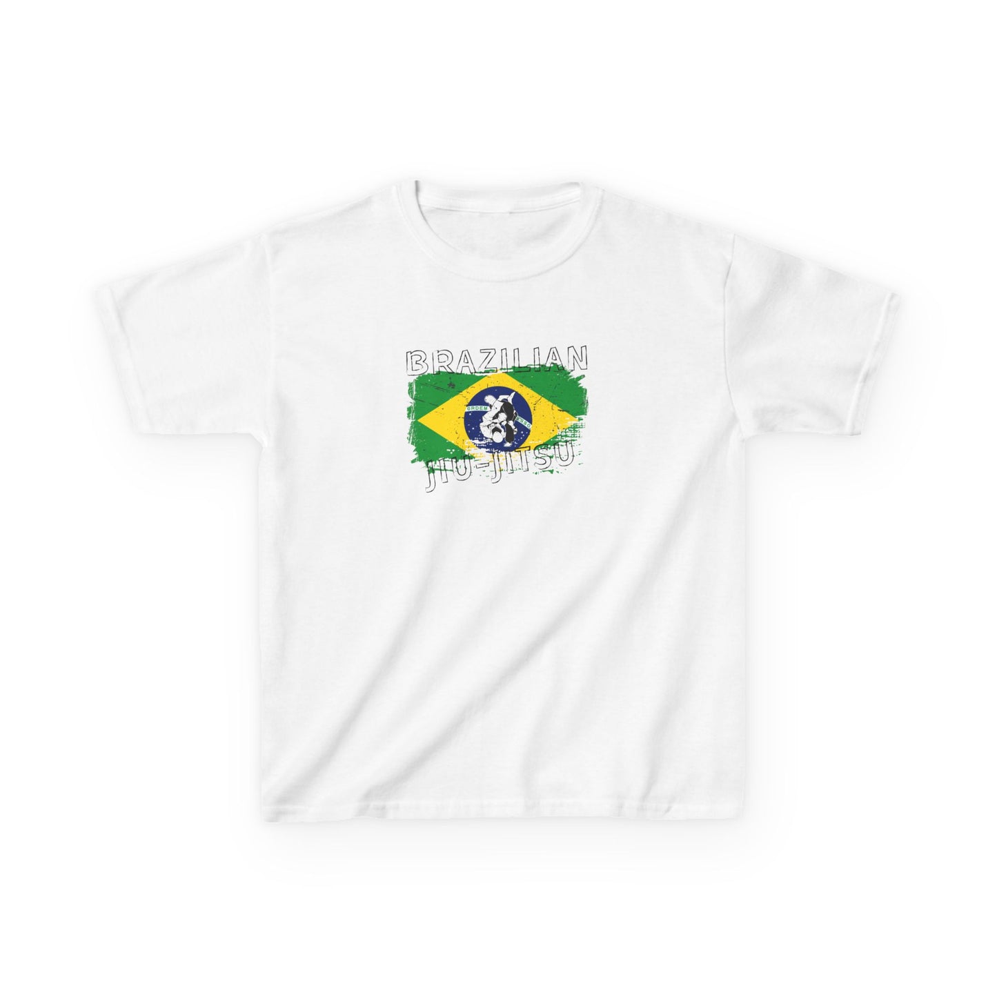 White t-shirt with Brazilian Jiu-Jitsu design on a white background