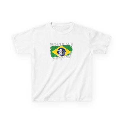 White t-shirt with Brazilian Jiu-Jitsu design on a white background