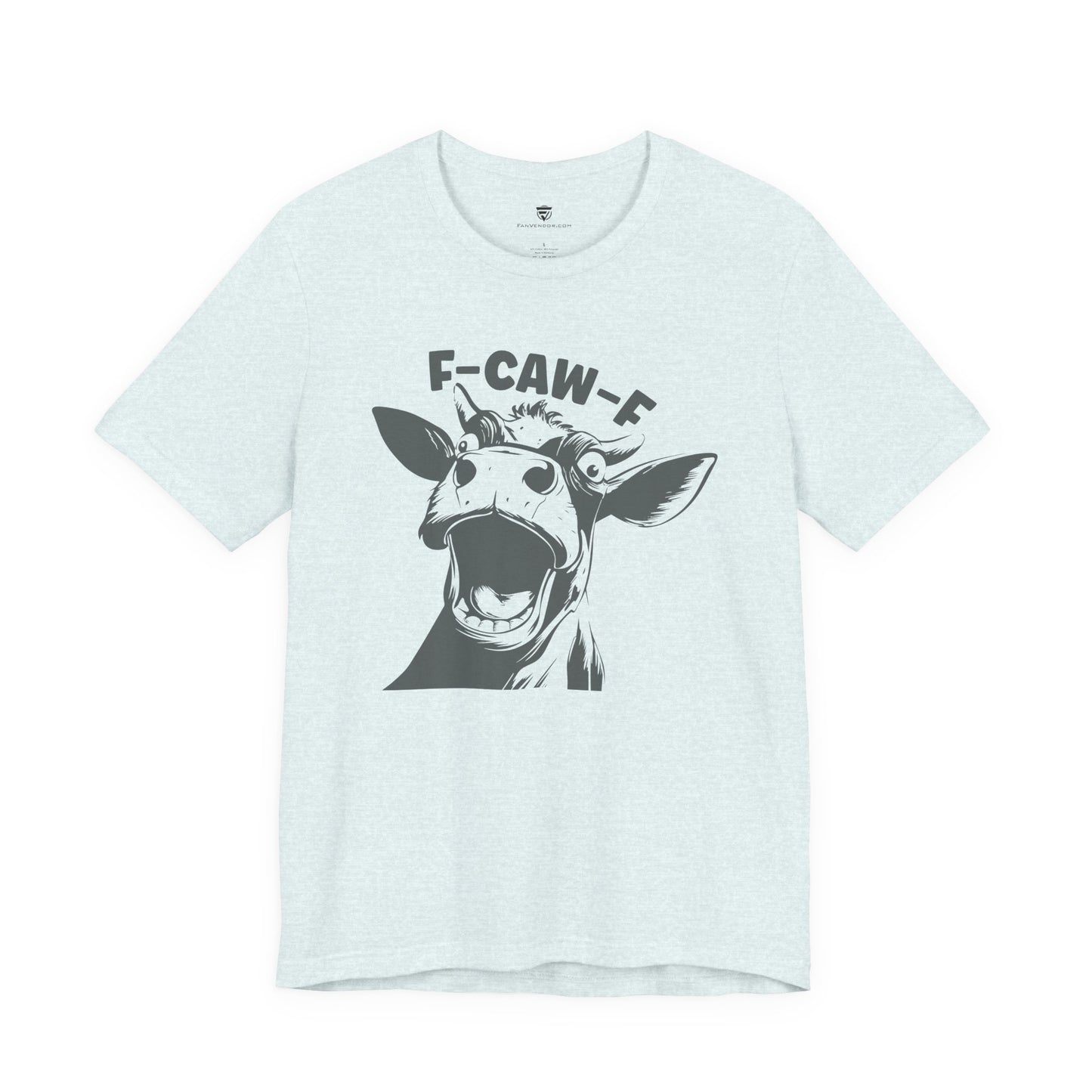 Light blue t-shirt with a graphic of a cow and text on a white background