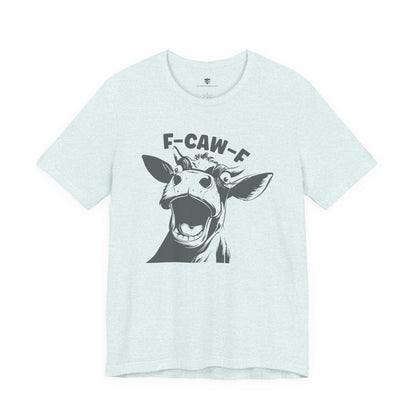 Light blue t-shirt with a graphic of a cow and text on a white background