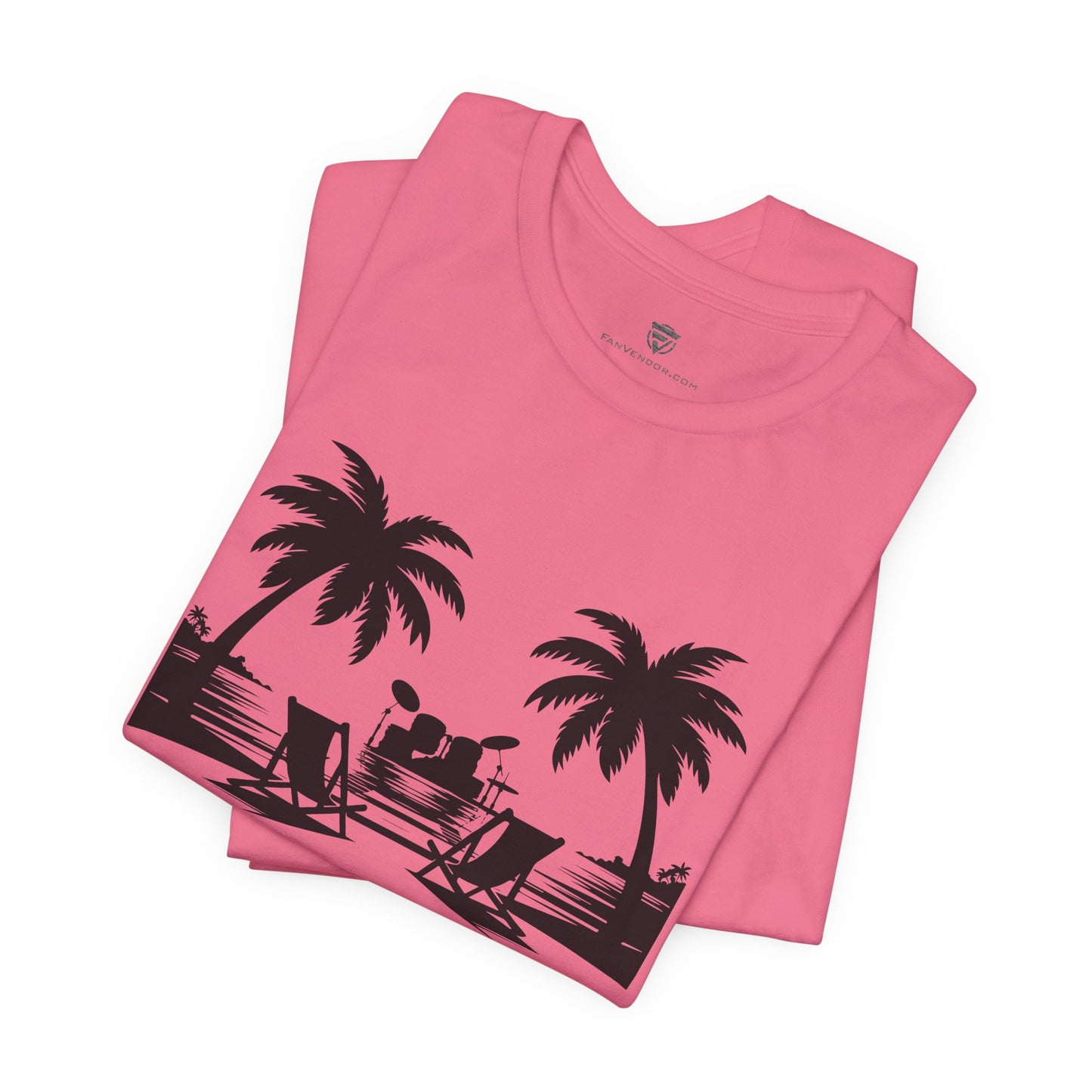 Pink t-shirt with black palm tree and beach scene design on a white background