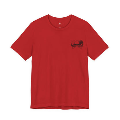 Red t-shirt with a black graphic on a white background