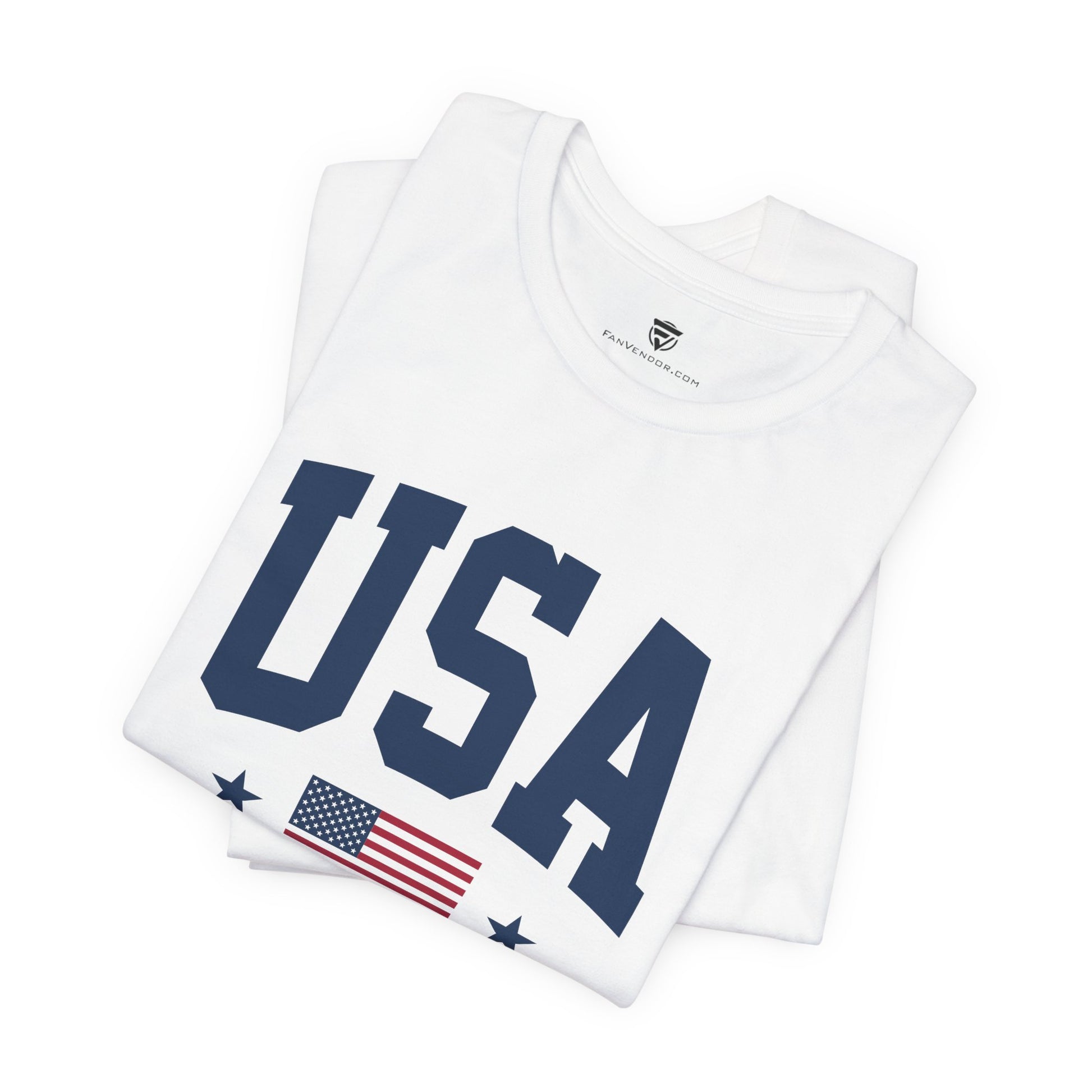 White t-shirt with 'USA' and American flag design on a white background