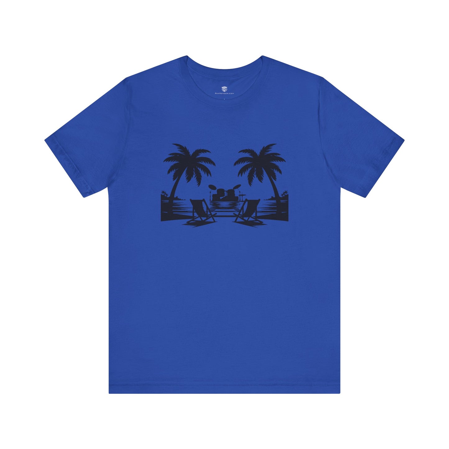 Blue t-shirt with a black beach scene graphic on a white background