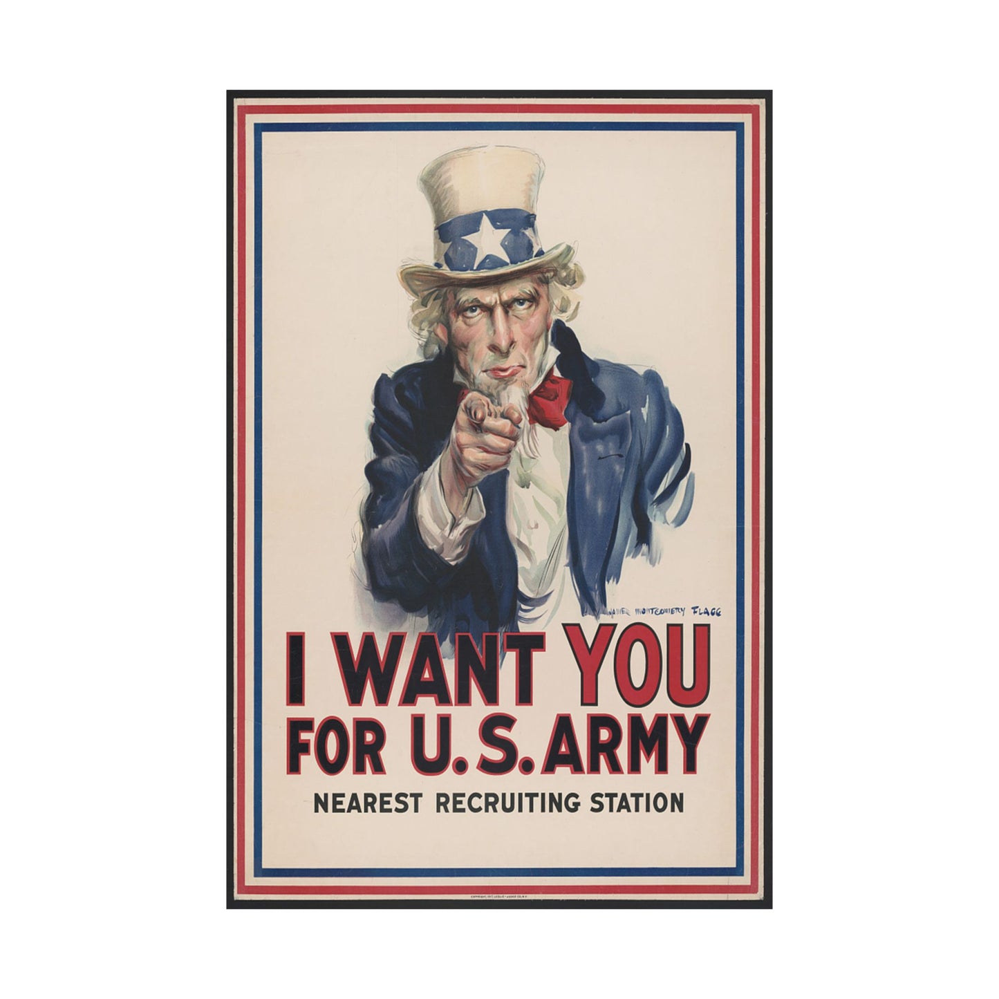 Vintage-style recruitment poster with Uncle Sam pointing forward, featuring the text 'I Want You for U.S. Army'.