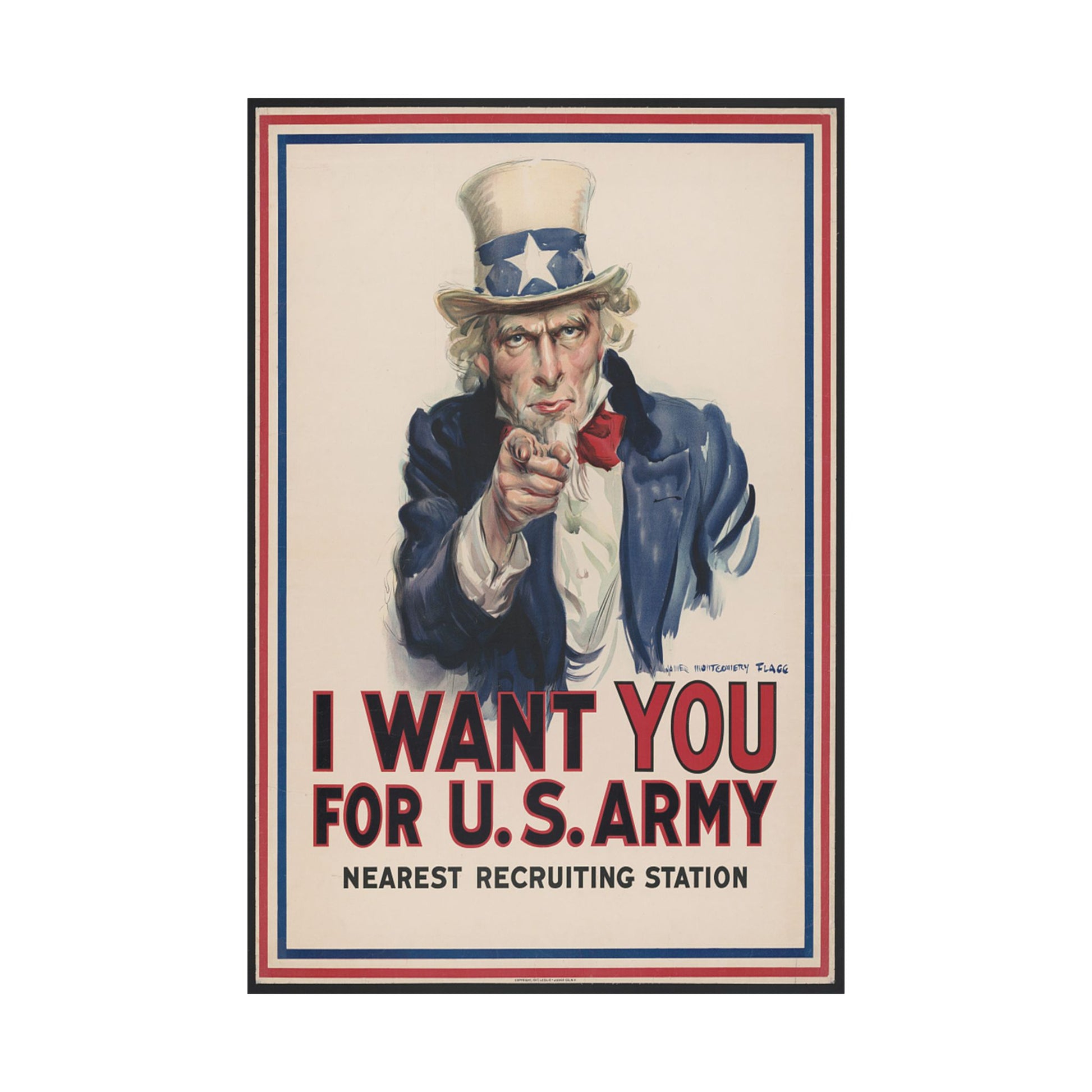 Vintage-style recruitment poster with Uncle Sam pointing forward, featuring the text 'I Want You for U.S. Army'.