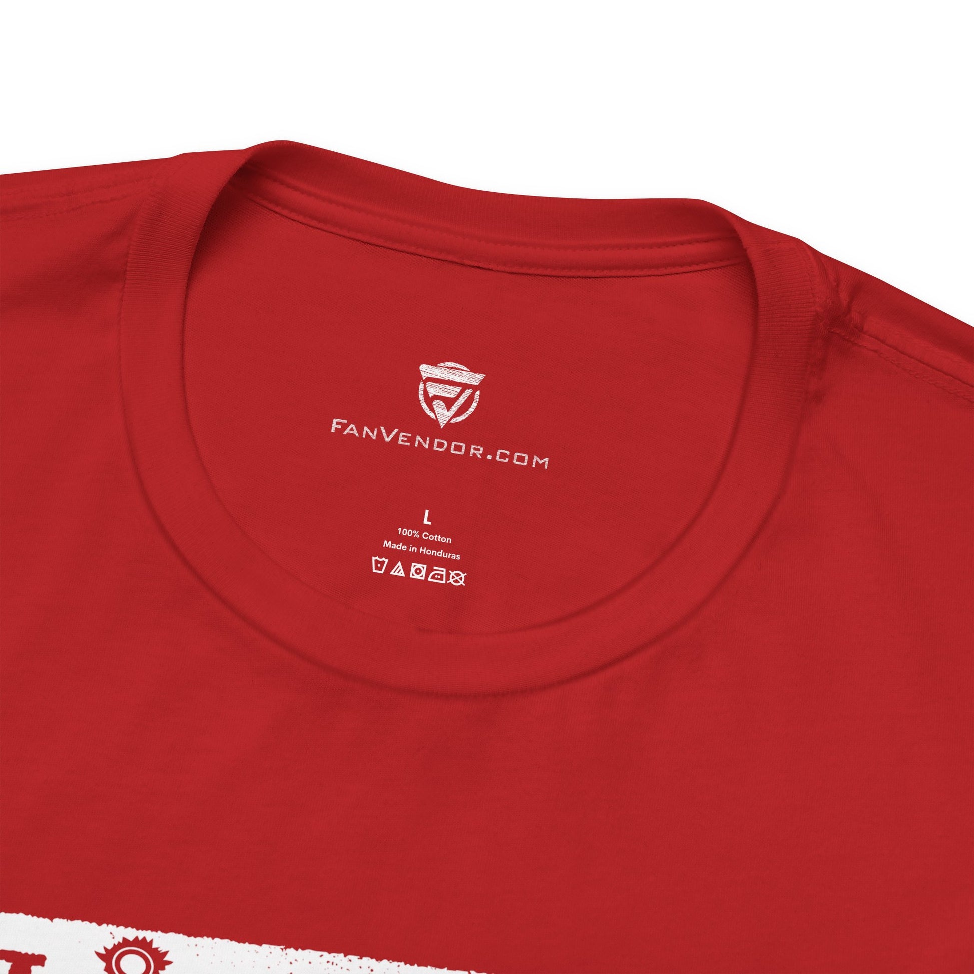 Red t-shirt with 'FanVendor.com' logo and text on a white background