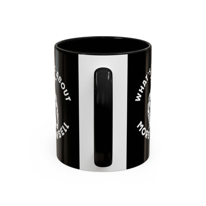 Black and white mug with text on a white background