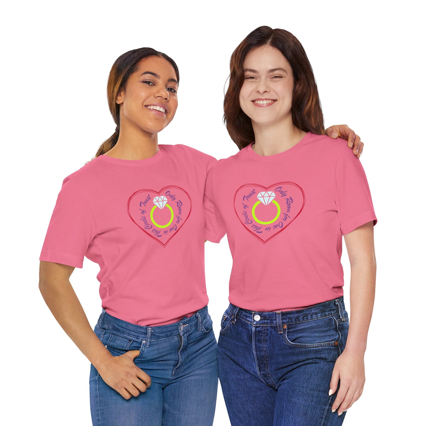 Two women wearing pink t-shirts with a heart design on a white background