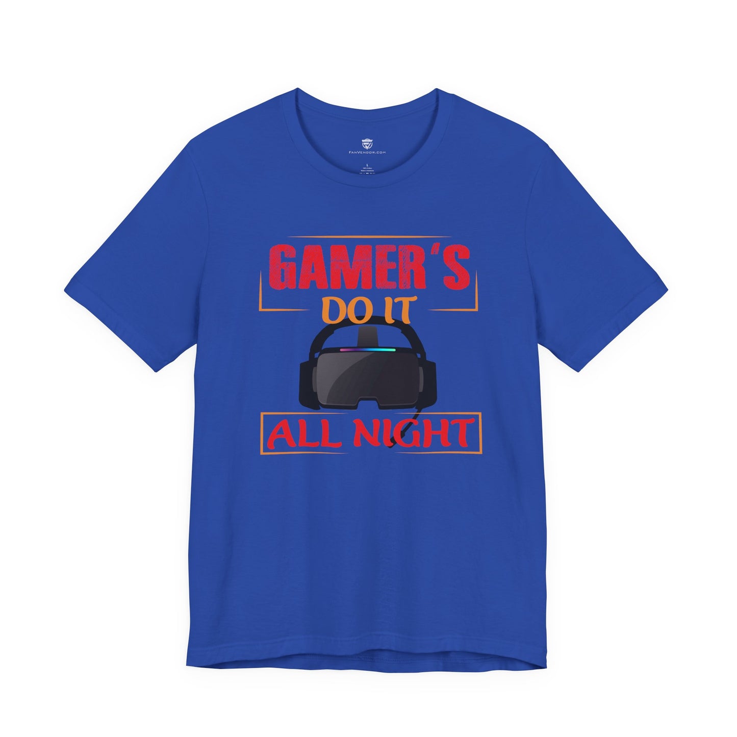 Blue t-shirt with gaming-themed graphic and text on a white background