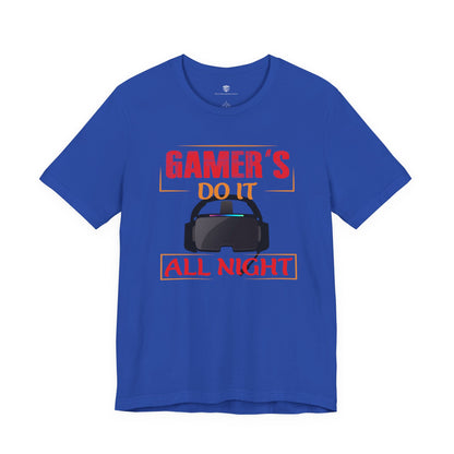 Blue t-shirt with gaming-themed graphic and text on a white background