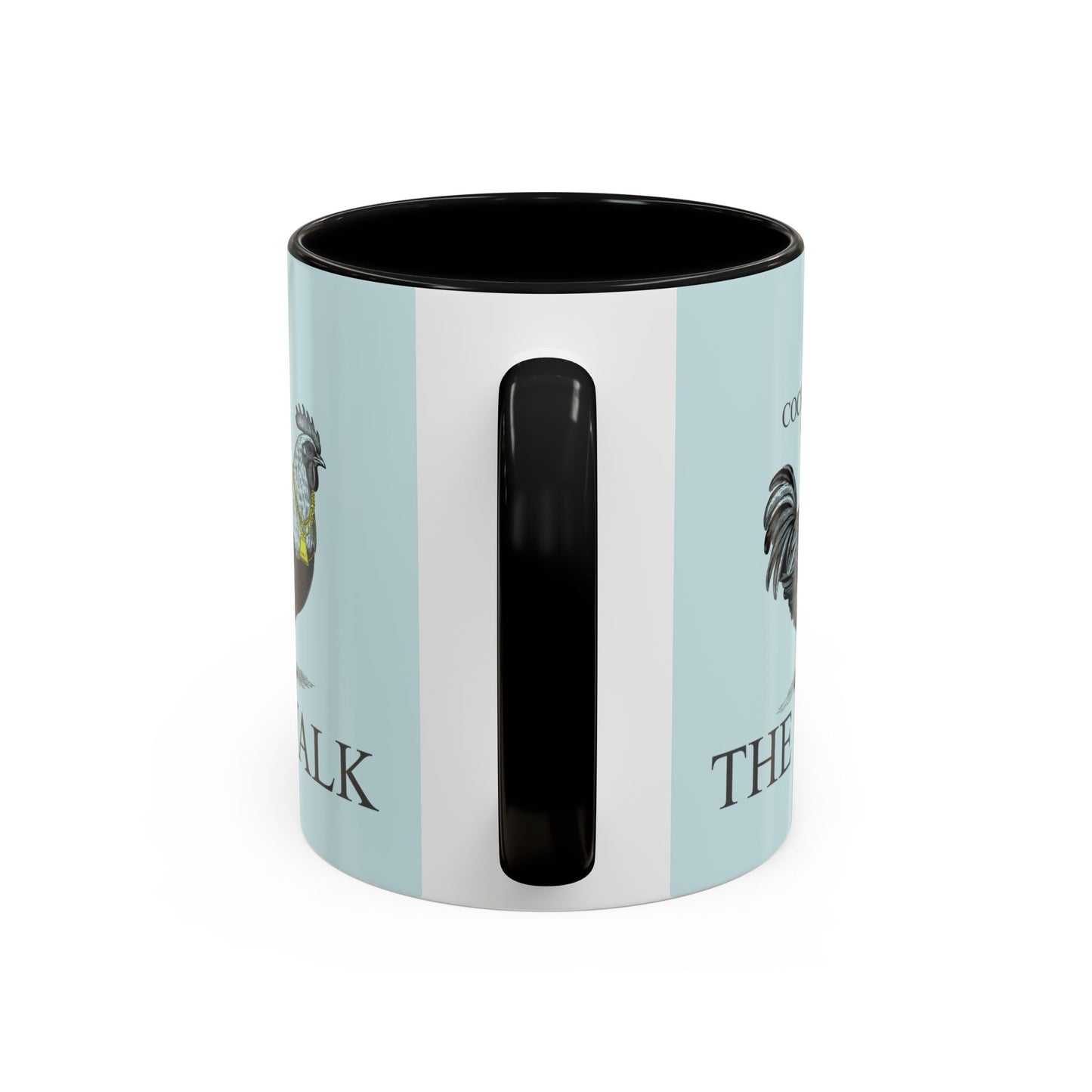 Light blue mug with black interior and handle on a white background