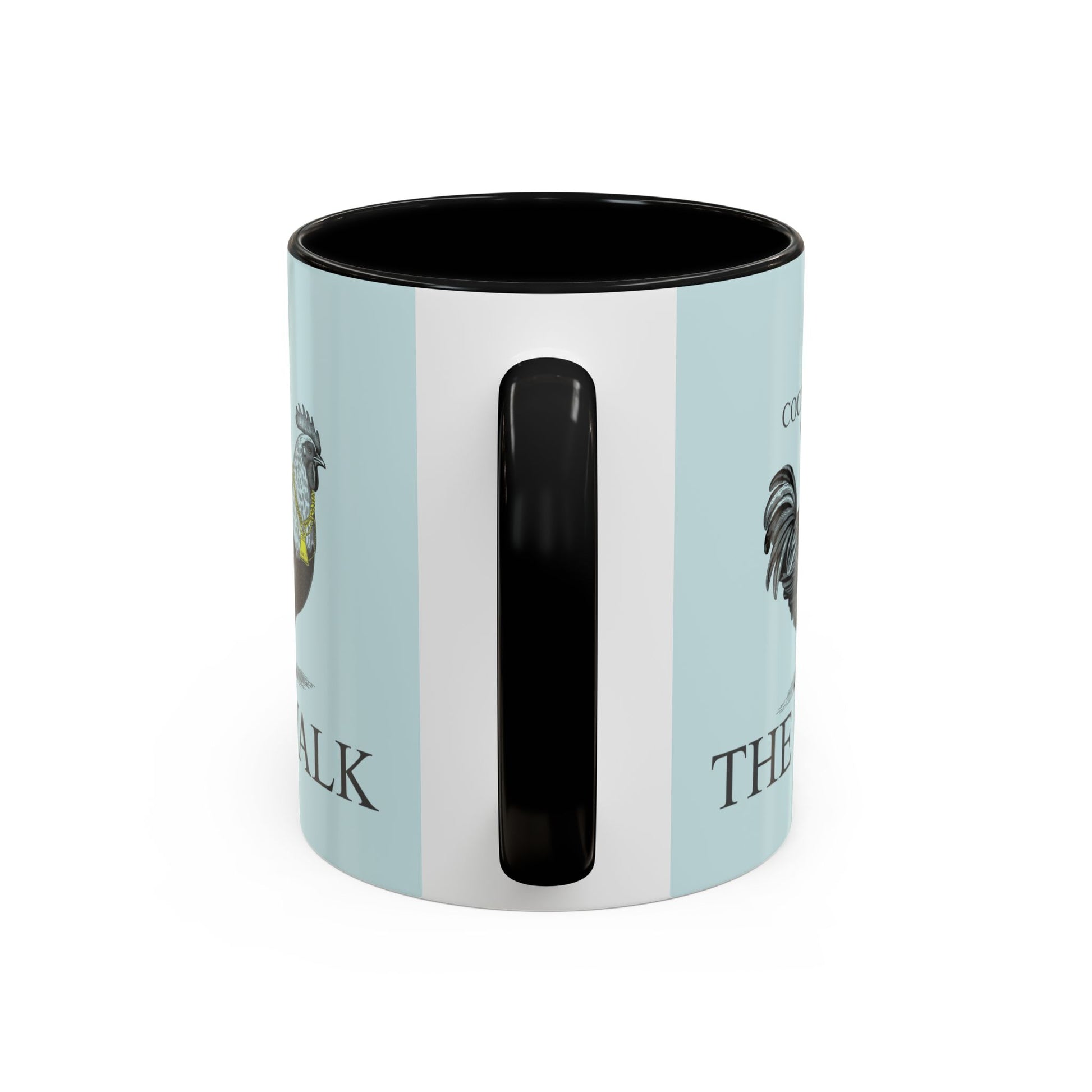 Light blue mug with black interior and handle on a white background