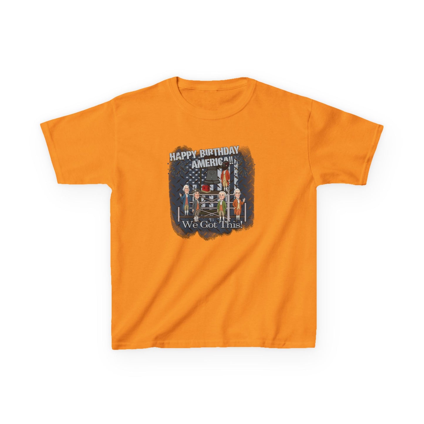 Orange t-shirt with graphic design and text on a white background