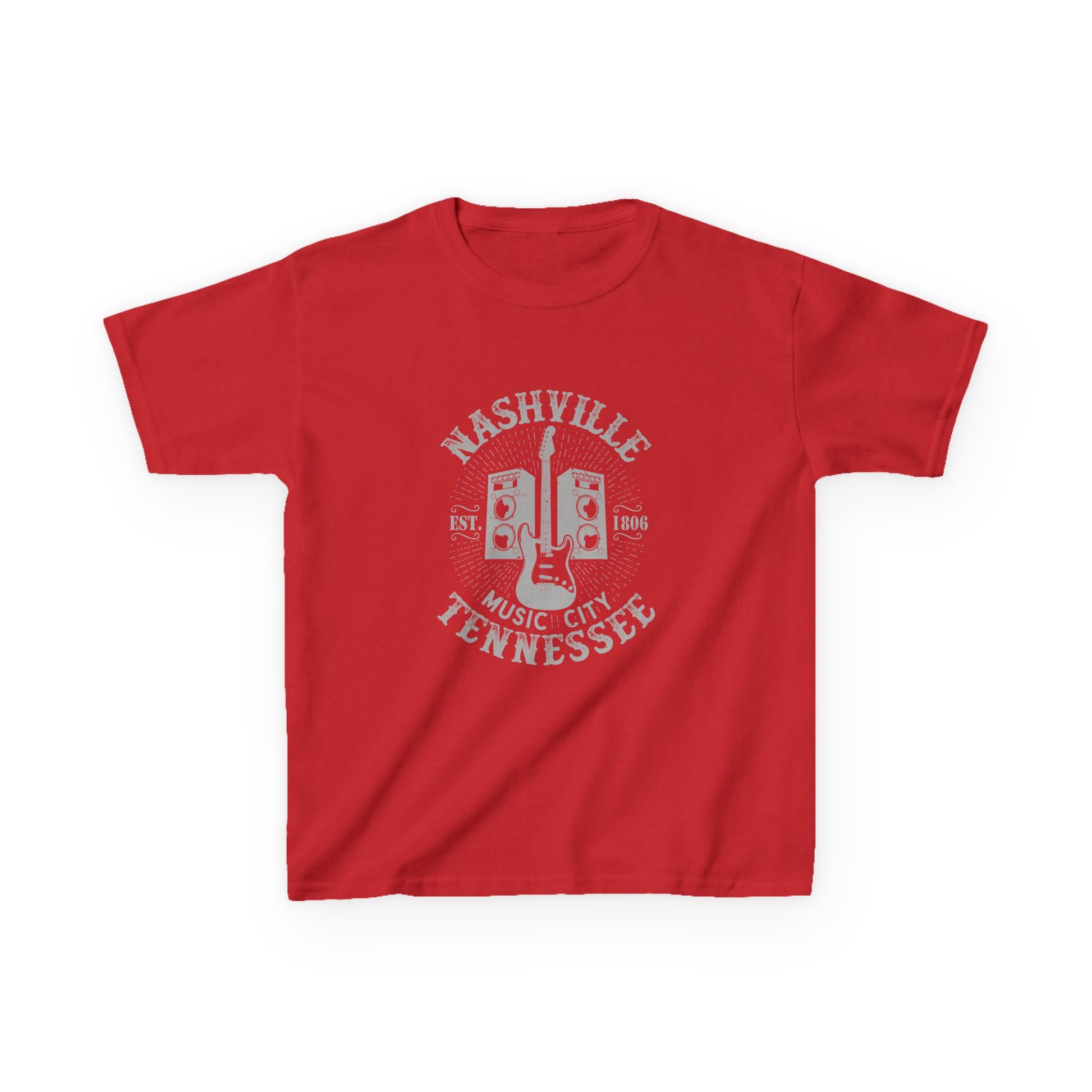 Red t-shirt with text and graphic on a white background
