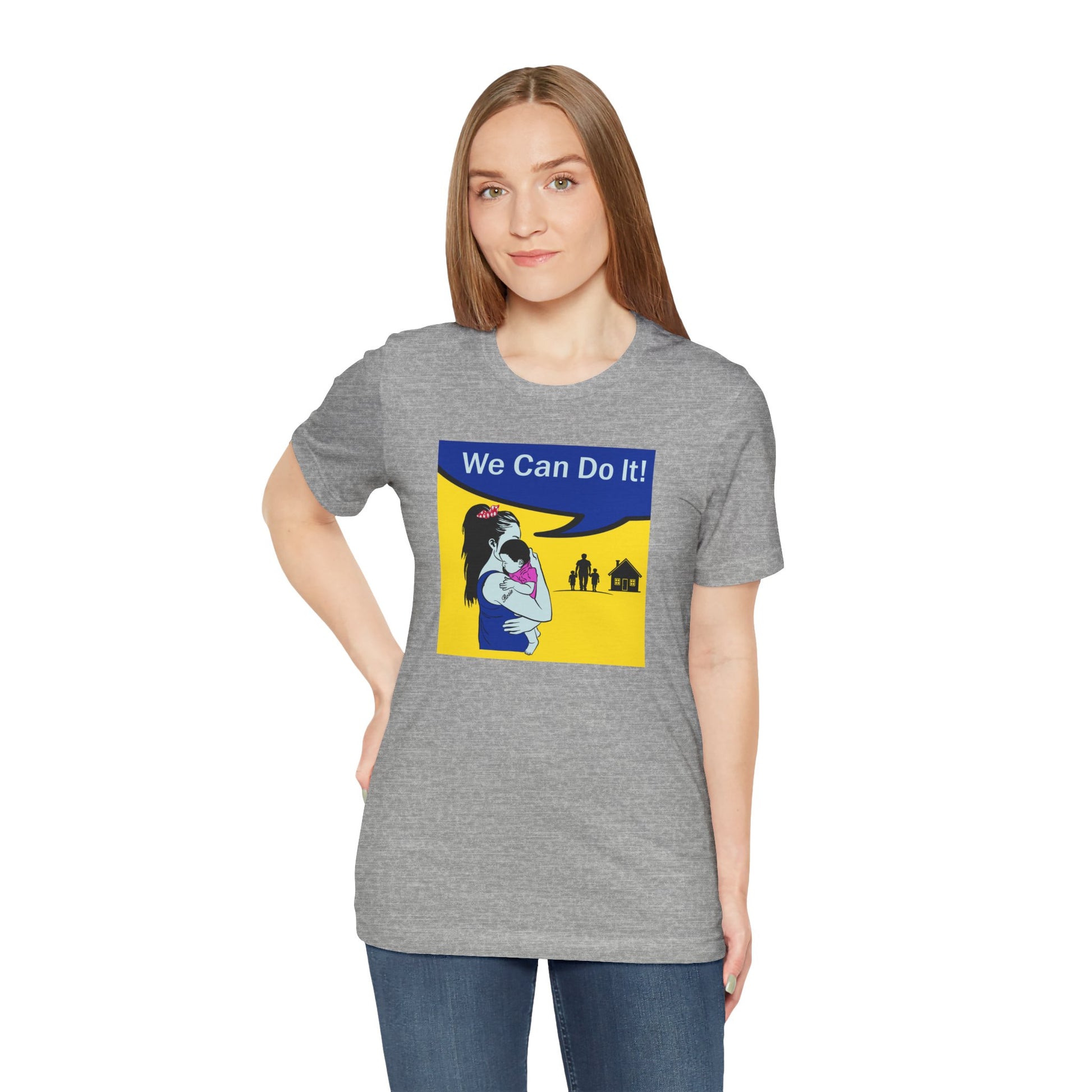 Woman wearing a gray t-shirt with a graphic design and text on a white background