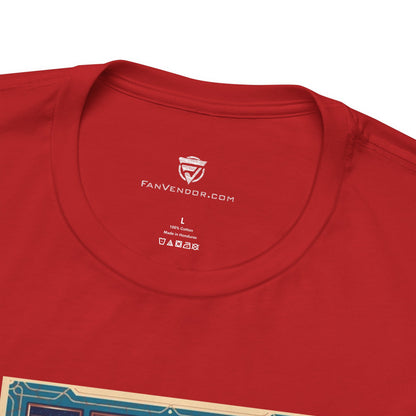 Red t-shirt with 'Fanvendor.com' logo and text on a white background