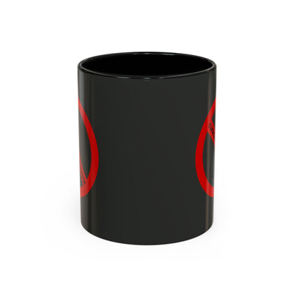 Black mug with red circular design on a white background