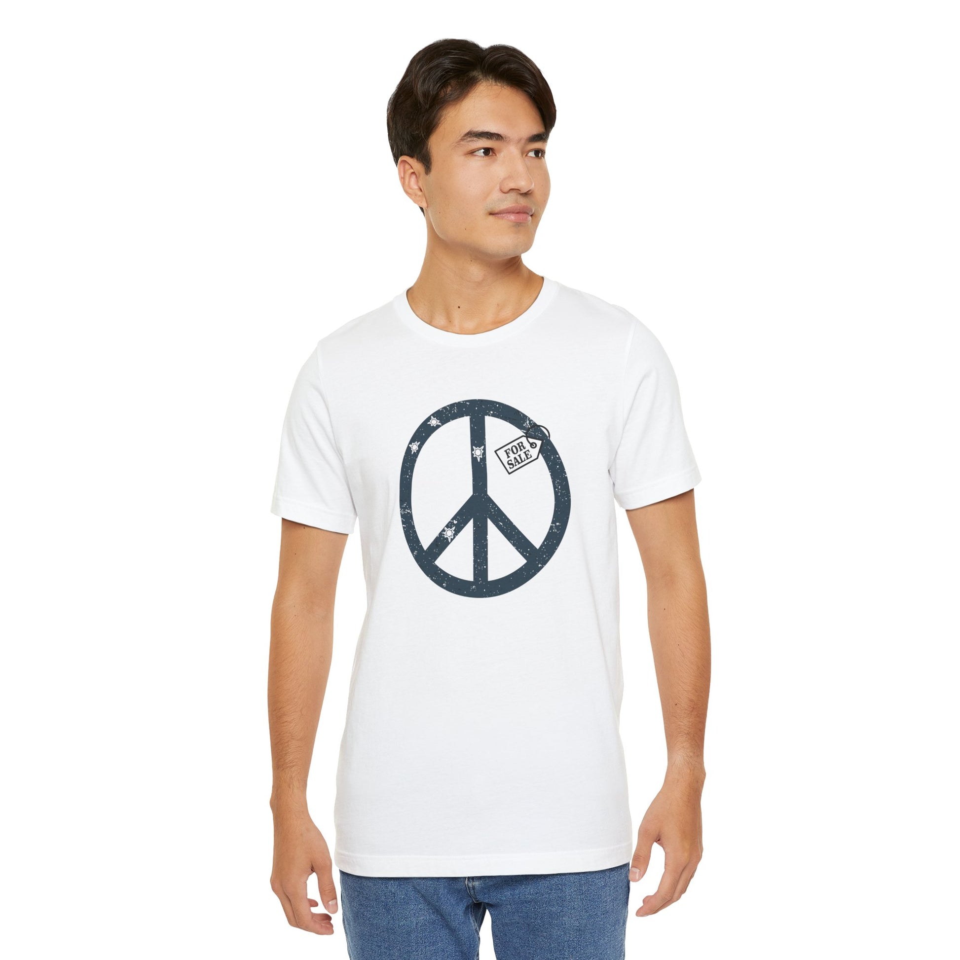 Man wearing a white t-shirt with a peace symbol design on a white background
