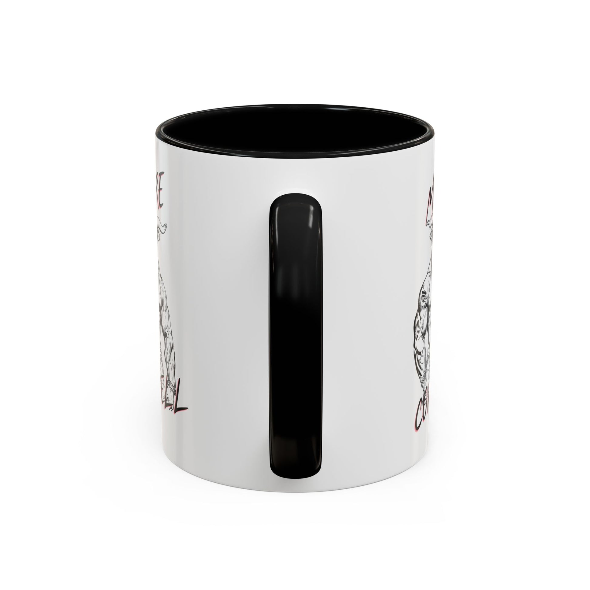 White mug with black interior and handle on a white background