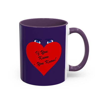 Purple mug with a red heart and text on a white background