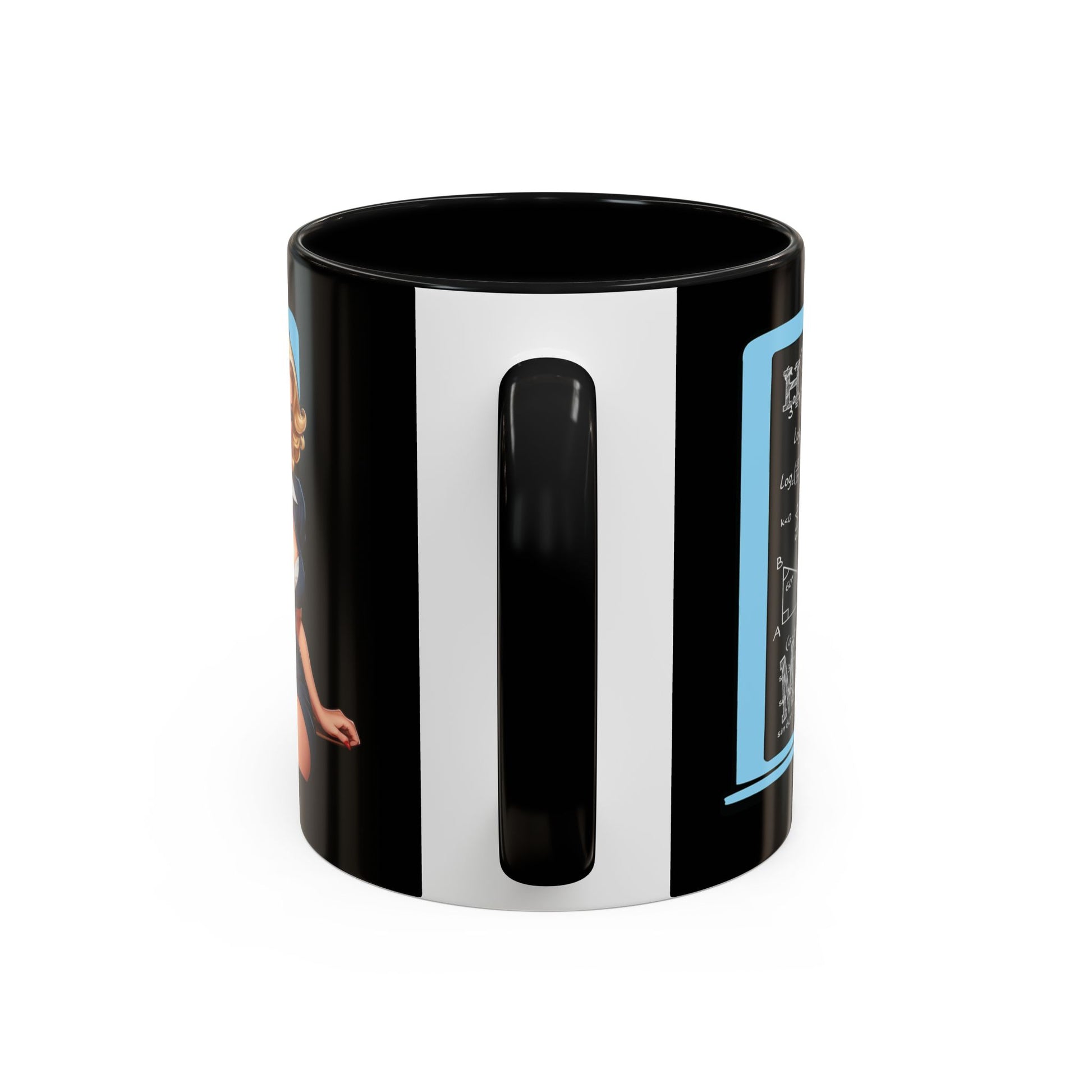 A black ceramic mug with a white vertical stripe and a glossy black handle, featuring partial colorful printed artwork on the sides, shown on a plain white background.