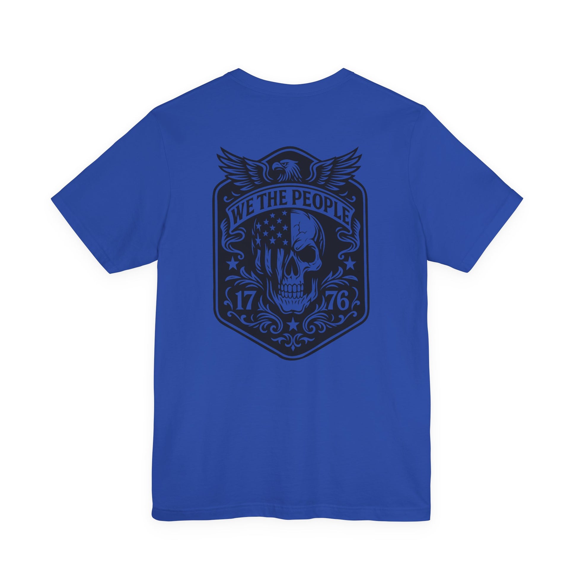 Blue t-shirt with a black graphic design on the back featuring a skull and text.