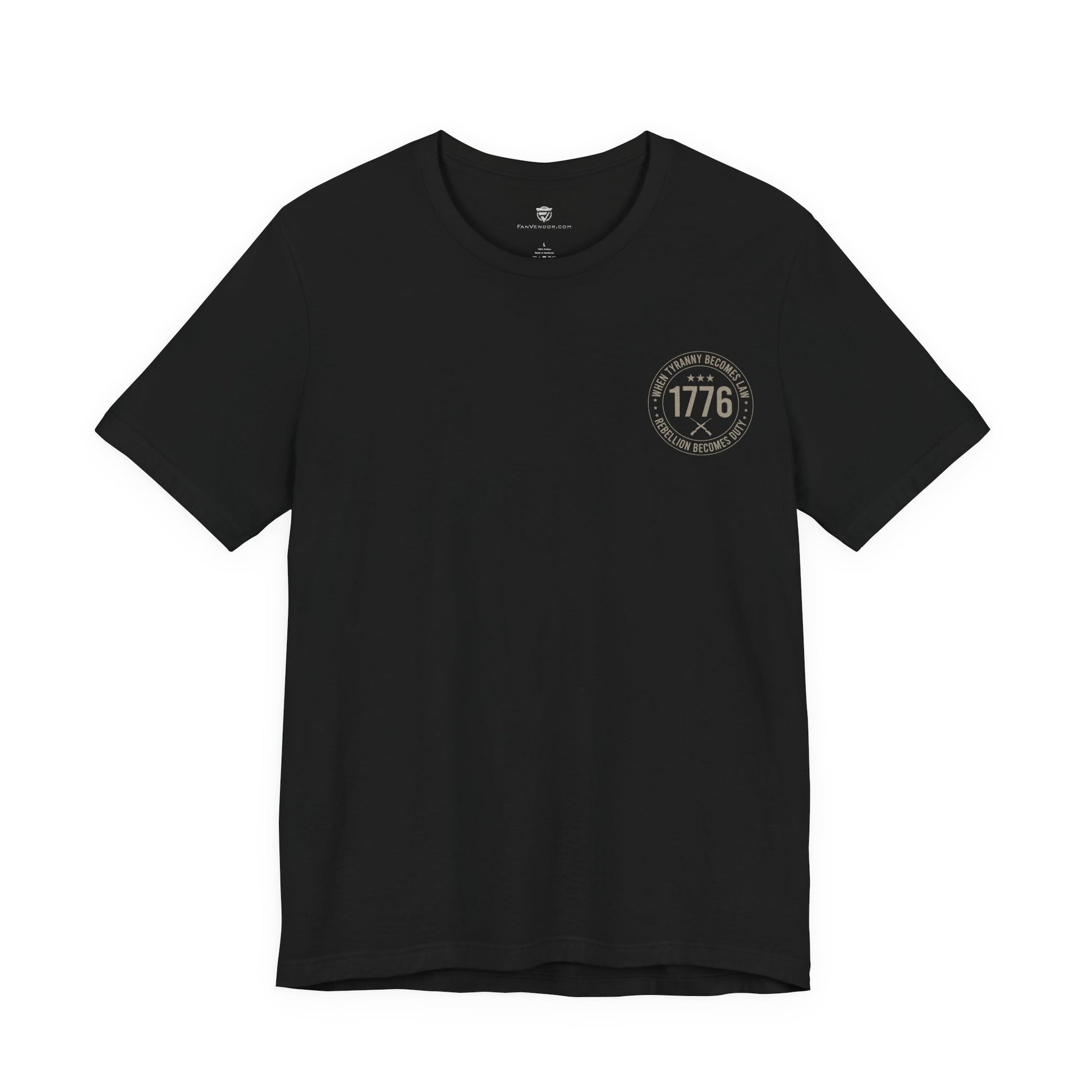 Black t-shirt with a circular logo on a white background