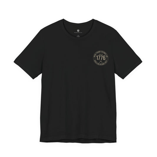 Black t-shirt with a circular logo on a white background
