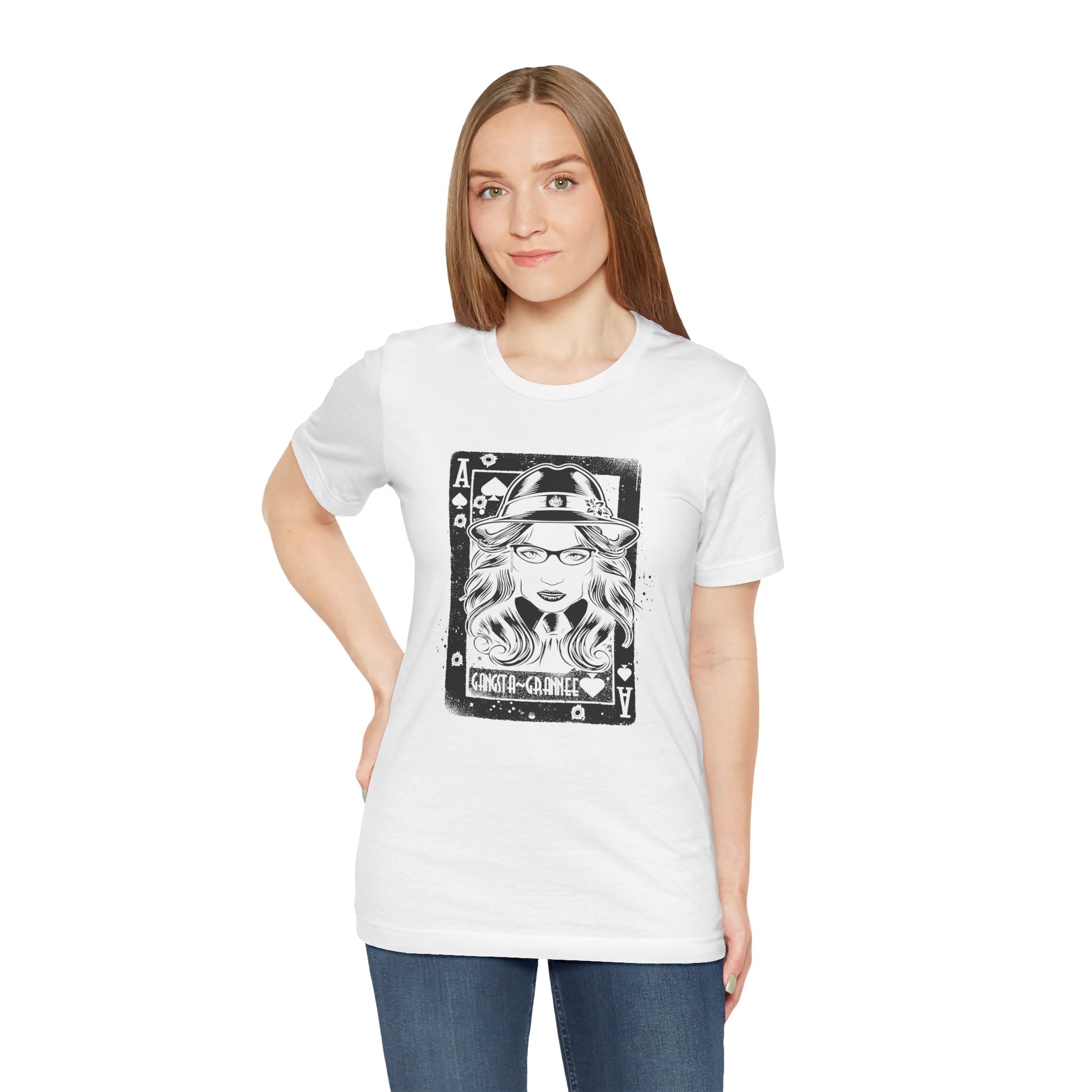 Woman wearing a white t-shirt with a graphic design on a white background