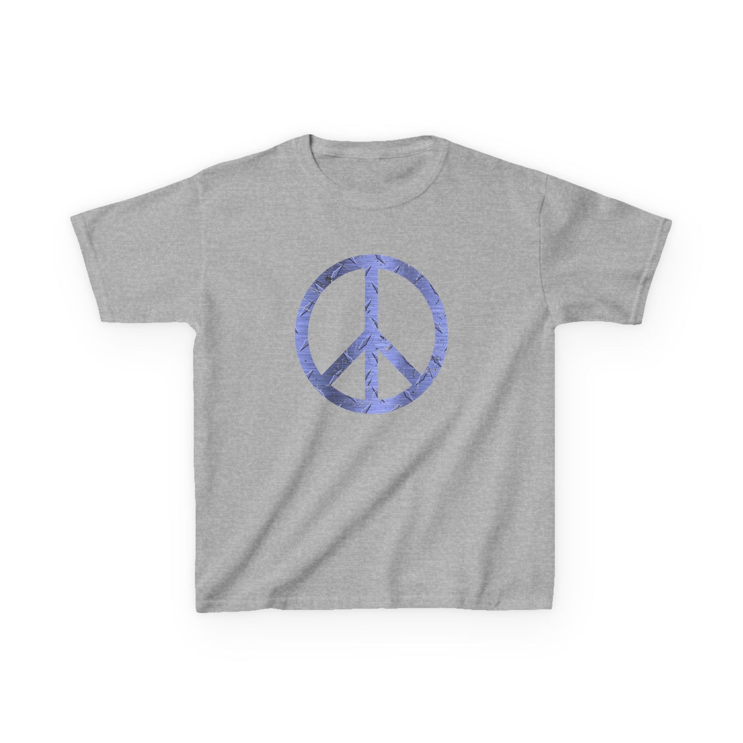 Gray t-shirt with a blue peace symbol on a white background