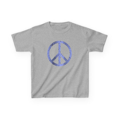 Gray t-shirt with a blue peace symbol on a white background