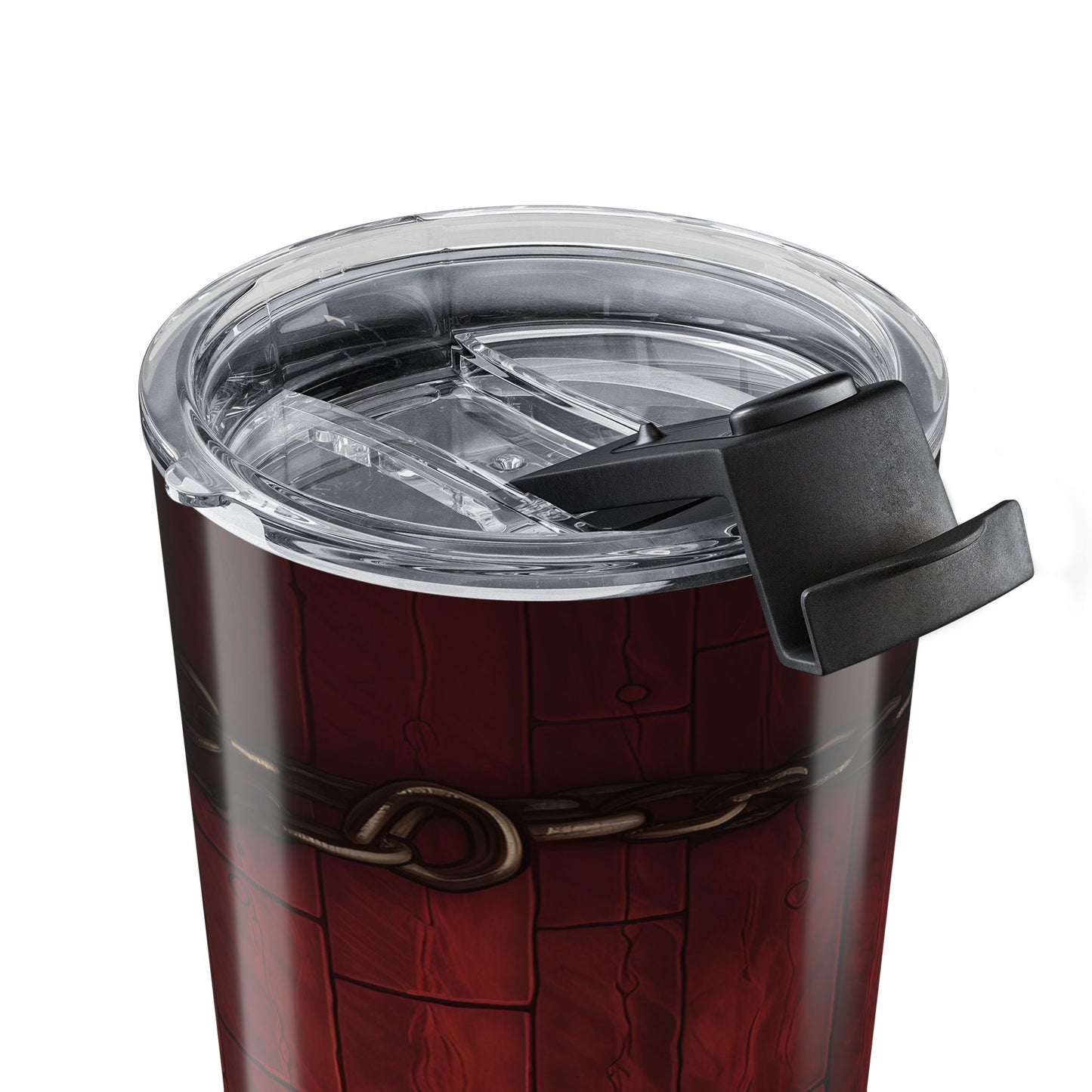 Red tumbler with a clear lid and black handle on a white background