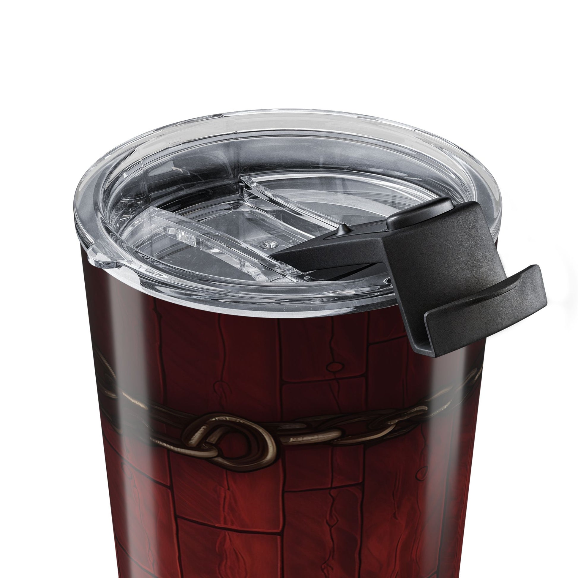 Red tumbler with a clear lid and black handle on a white background