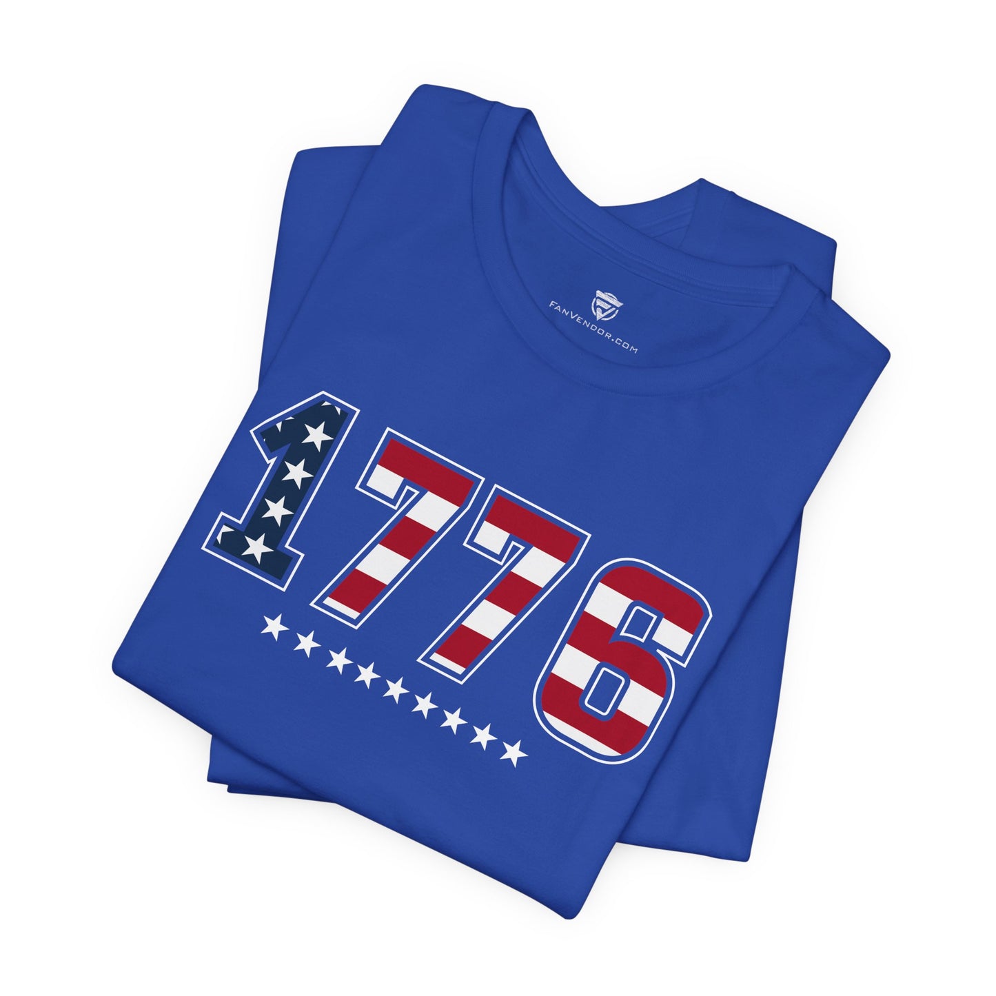 Blue t-shirt with '1776' design featuring stars and stripes on a white background