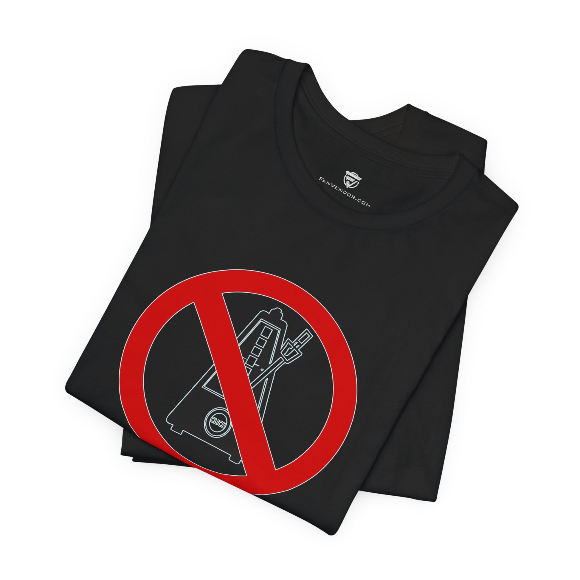Black t-shirt with a red prohibition sign and graphic design on a white background