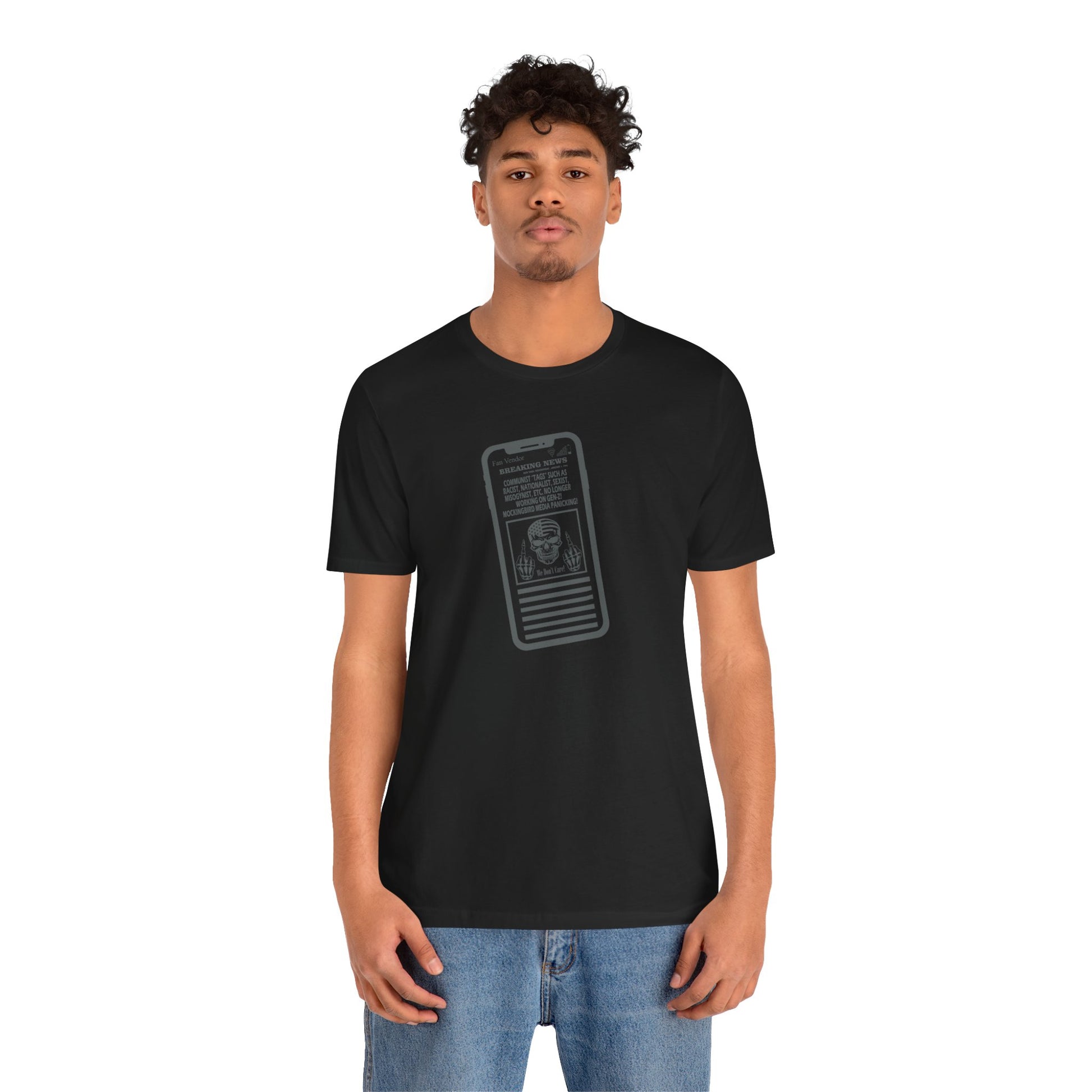 Person wearing a black t-shirt text printed on it against a white background