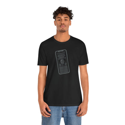 Person wearing a black t-shirt text printed on it against a white background