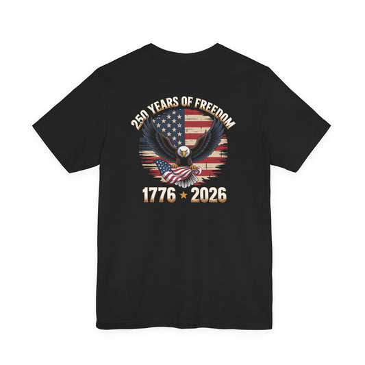 Black t-shirt with American flag and eagle design on a white background