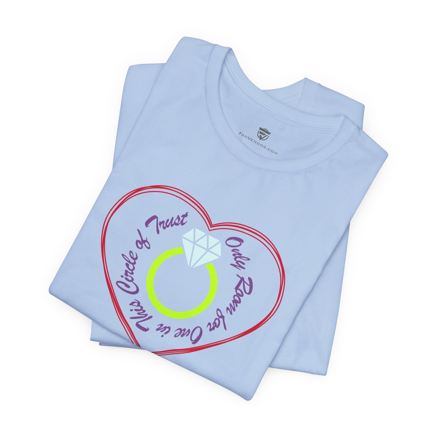 Light blue t-shirt with a colorful graphic design on a white background