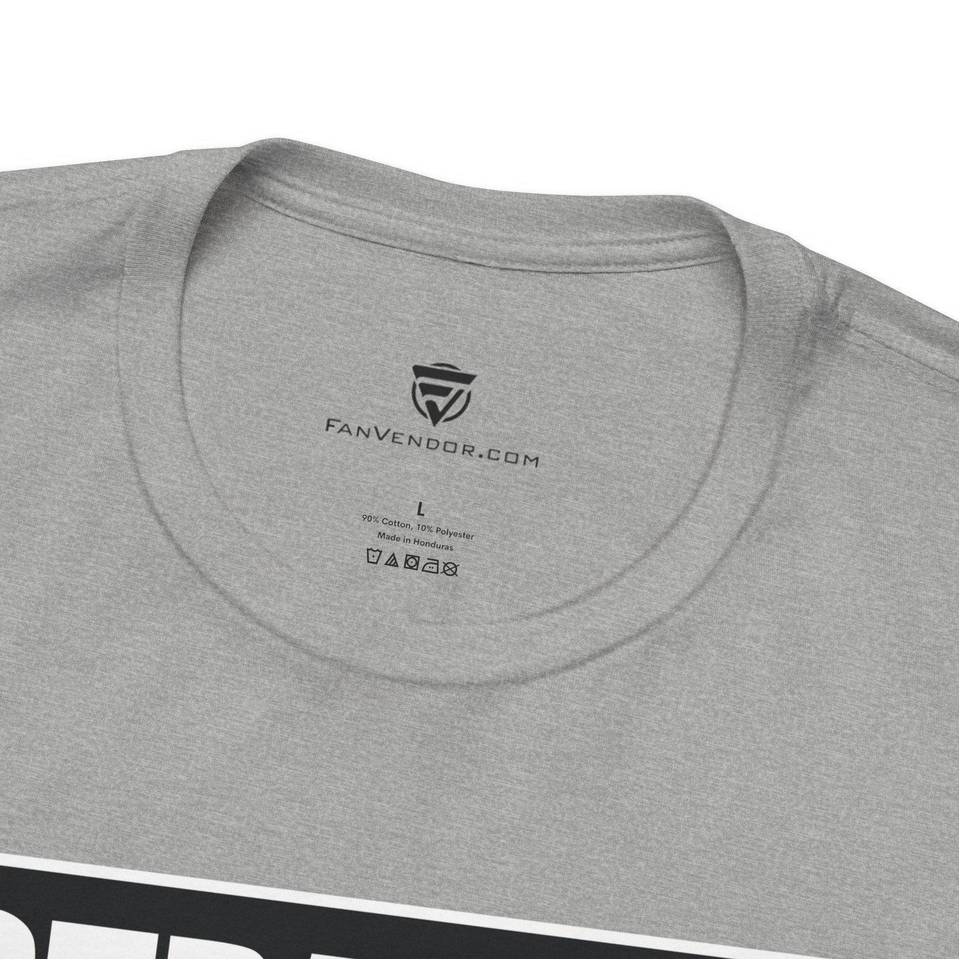 Gray t-shirt with 'FanVendor.com' logo and text on a white background