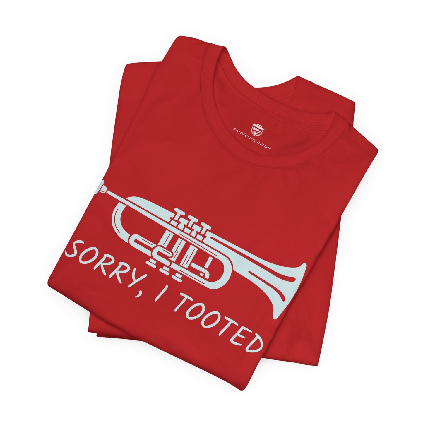 Red t-shirt with a white trumpet graphic and text on a white background